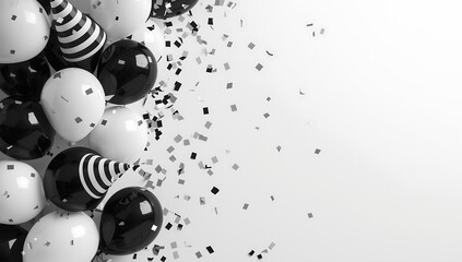 Black and white balloons and confetti for celebration and party background © MosammatTaslima