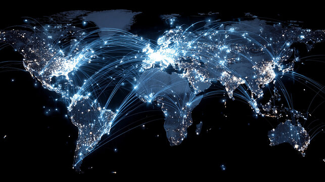 World map glowing with blue light network connections, symbolizing global communication, digital connectivity, technology, and the interconnected future of data and innovation. - Powered by Adobe