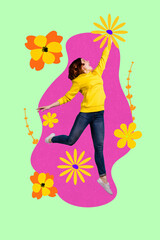 Collage with funny people among colorful flowers symbolizing family parentship friendship love dating romance relationships