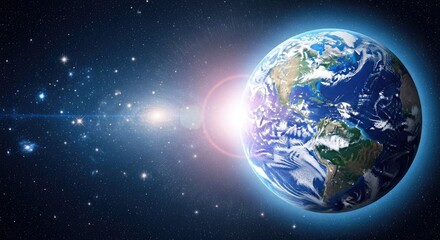 A vibrant Earth with a glowing sun and stars in the background.