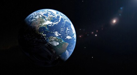 The Earth, a blue and green planet, is seen from space with stars and galaxies in the background.