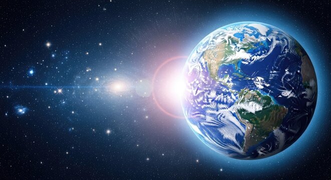 A vibrant Earth with a glowing sun and stars in the background.