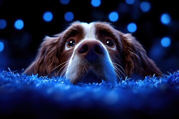 Dog with Brown Fur Staring Upward in a Blue Creative Setting