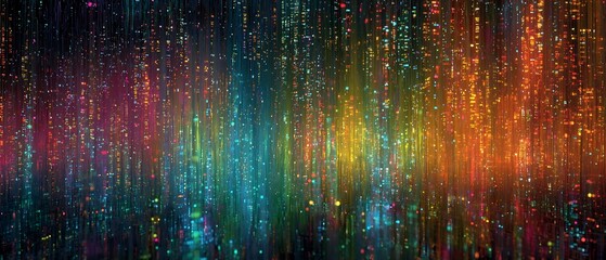 Vibrant Abstract Digital Data Flow: Colorful Vertical Lines and Glowing Lights in a Futuristic Cityscape