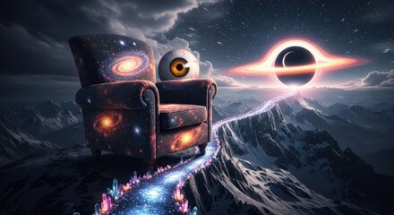A surreal armchair with a galaxy print, floating in a cosmic landscape with a black hole and a glowing wormhole.