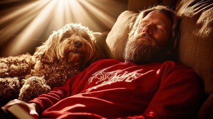 Man and Dog Relaxing Together in Cozy Indoor Setting