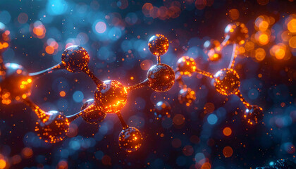 Molecule Chain Structure Visualization: A detailed and vibrant visualization of a molecule chain structure, featuring a network of connected spheres in a dynamic and colorful display.