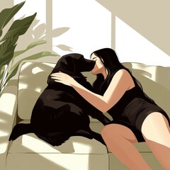 Woman Cuddling Dog in Bright Room with Plants and Soft Light