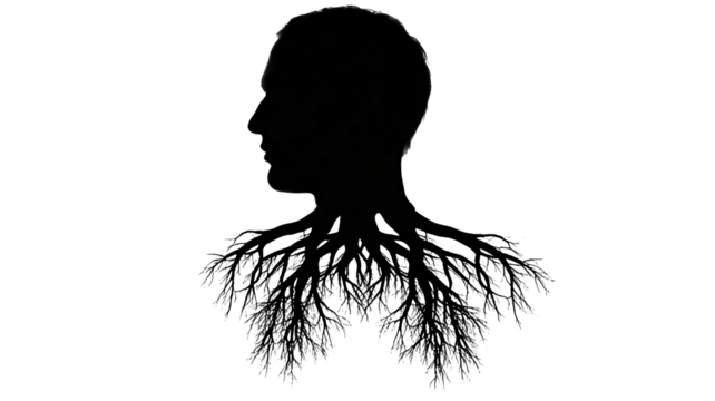 Mysterious silhouette of a man intertwined with tree roots, symbolizing growth, connection, and the human spirit, perfect for introspective concepts