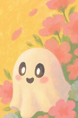 Adorable Cute Ghost with Blush and Big Eyes Surrounded by Pink Flowers Yellow Background Whimsical Illustration Playful Fantasy Art