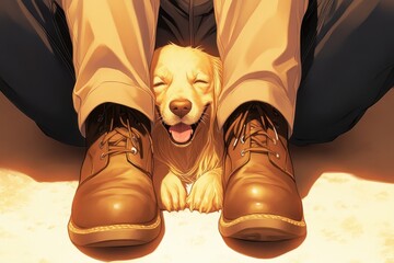 Happy Dog Relaxing Under Happy Owner's Feet in Cozy Setting