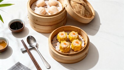 Traditional dim sum assortment with steamed shumai and har gow served in bamboo baskets alongside soy sauce and tea. 
