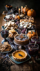 A beautifully arranged spread of Halloween-themed foods, including pies, cookies, and fruit, set on a rustic table adorned with pumpkins and candles for a festive atmosphere