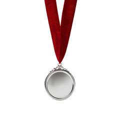 Elegant Shiny Silver Medal Hanging from Red Ribbon for Prestigious Awards