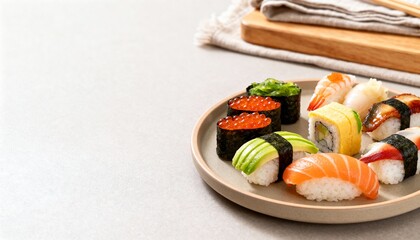 Assorted sushi platter featuring fresh nigiri and maki rolls with tuna, salmon, shrimp, and roe served with soy sauce and wasabi. 
