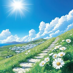 Serene Pathway Through Blossoming Daisies Under Bright Sunshine
