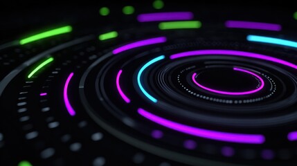 Abstract neon light patterns in circular motion, colorful glowing lines creating a mesmerizing digital design background