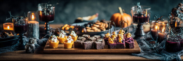 A beautifully arranged spread of Halloween-themed foods, including pies, cookies, and fruit, set on a rustic table adorned with pumpkins and candles for a festive atmosphere, banner