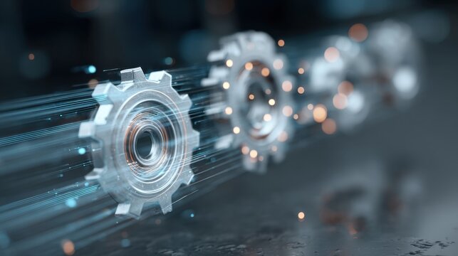Futuristic Gears in Motion with Light Trails and Sparkles Representing Innovation and Technology Development