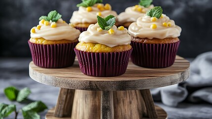 Delicious Yellow Corn Cupcakes Topped With Sweet Cream Frosting And Fresh Mint Leaves