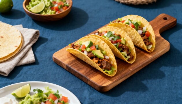 Four crunchy beef tacos loaded with fresh toppings on a wooden board&mdash;classic taco night ready to serve.
