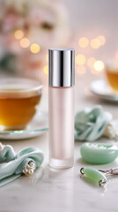 A vibrant skincare bottle stands on a pastel pink surface, surrounded by fresh greenery and a cup of green tea, creating a calming and inviting aesthetic for skincare enthusiasts