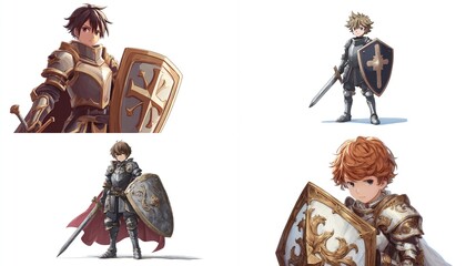 Four anime-style knights, each with a shield and sword, in different poses and armor designs