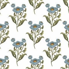 Seamless simple botanical print on white background, hand drawn. Seamless watercolor pattern with stylized beautiful blue-light blue flowers and green leaves on a white background