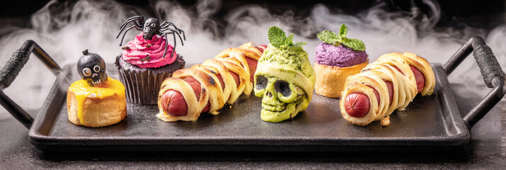 Delicious Halloween-themed appetizers are displayed on a tray, showcasing creative designs like spiders and pumpkins for a festive party atmosphere, banner