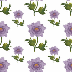 Seamless simple botanical print on white background, hand drawn. Seamless watercolor pattern with stylized beautiful blue-violet flowers and green leaves on a white background