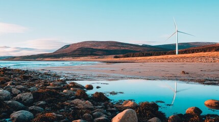 Fototapeta premium A large white wind turbine stands near calm water reflecting mountain range during early morning light with rocky shorel