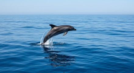 Naklejka premium Playful dolphin leaping above ocean waves, intelligent marine mammal symbol of freedom, friendship, and beauty of underwater wildlife.