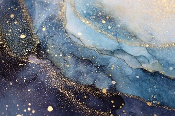 Abstract background with shimmering gold dust and fluid blue watercolor waves, elegant luxury art texture