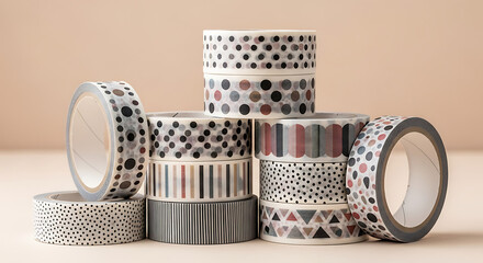 Closeup of a stack of decorative washi tape rolls in various patterns and colors, arranged on a neutral background, showcasing the versatility and aesthetic appeal of these craft supplies for scrapboo