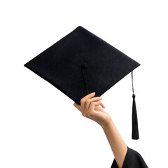 Elegant Black Graduation Cap Held in Hand on White Background for Celebratory Events