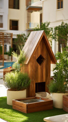 A cheerful children's playroom features a wooden playhouse, soft toys, and a cozy outdoor seating area, surrounded by greenery and enjoying sunny weather. Perfect for playtime and relaxation
