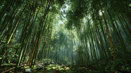 Mystical Bamboo Forest: Captivating shot looking upward through a dense grove of bamboo trees, revealing dappled sunlight filtering through the lush canopy.