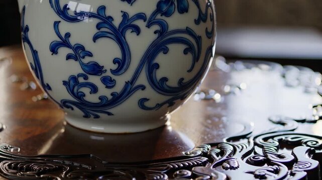 Close-up video of a ceramic vase with blue floral patterns on a carved wooden table, capturing intricate details and warm lighting from a side angle.