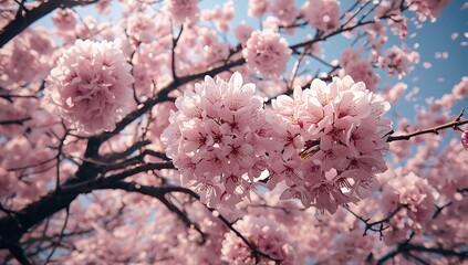 Fototapeta premium Close up of delicate pink cherry blossoms on a tree branch in spring
