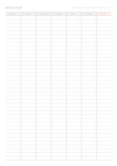 A weekly plan design template in a modern, simple, and minimalist style. Note, scheduler, diary, calendar, planner document template illustration.