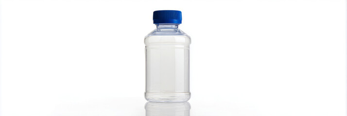 A clear plastic water bottle with a blue screw cap is positioned upright on a white surface. The background is bright and minimal, showcasing the bottle's design and color, banner