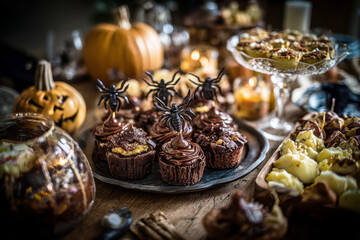 Delicious Halloween-themed desserts are displayed at a festive party. The table is adorned with black and gold balloons, creating a spooky and inviting atmosphere