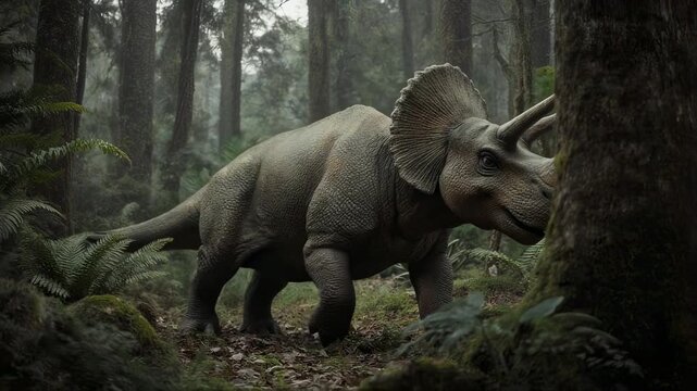 A magnificent Triceratops roaming through a prehistoric forest, a testament to the ancient world