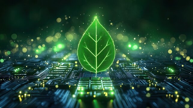 Vibrant digital leaf glows on futuristic circuit board, symbolizing eco-tech innovation and sustainable digital solutions for a greener future.