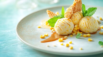 Sweet Corn Ice Cream Dessert Delight with Caramel Sauce and Waffle Cones