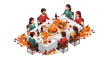 Vector art of family enjoying a thanksgiving dinner with turkey and autumn decorations