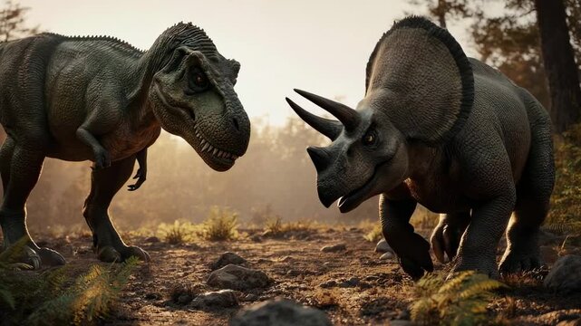 A Tyrannosaurus Rex and a Triceratops facing off in a prehistoric landscape. The imposing creatures are captured in a moment of confrontation.