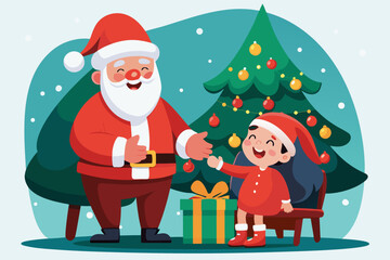 Santa Claus Delivering Christmas Gift to Happy Child in Festive Winter Wonderland Illustration