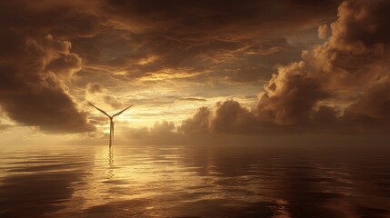 Serene seascape during golden hour with dramatic clouds illuminated by sunlight breaking through,