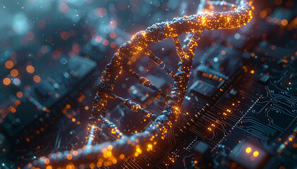 Fototapeta premium DNA strand in tech environment: A captivating macro view of a luminescent DNA strand intertwined with an electronic circuit board, symbolizing innovation and cutting-edge research.